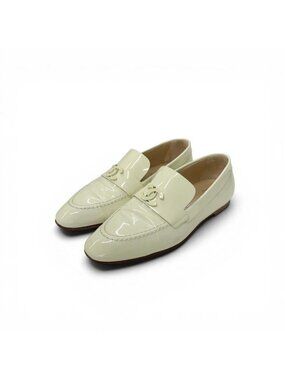 Chanel Loafers Leather Shoes Patent Ivory CC Logo Flat